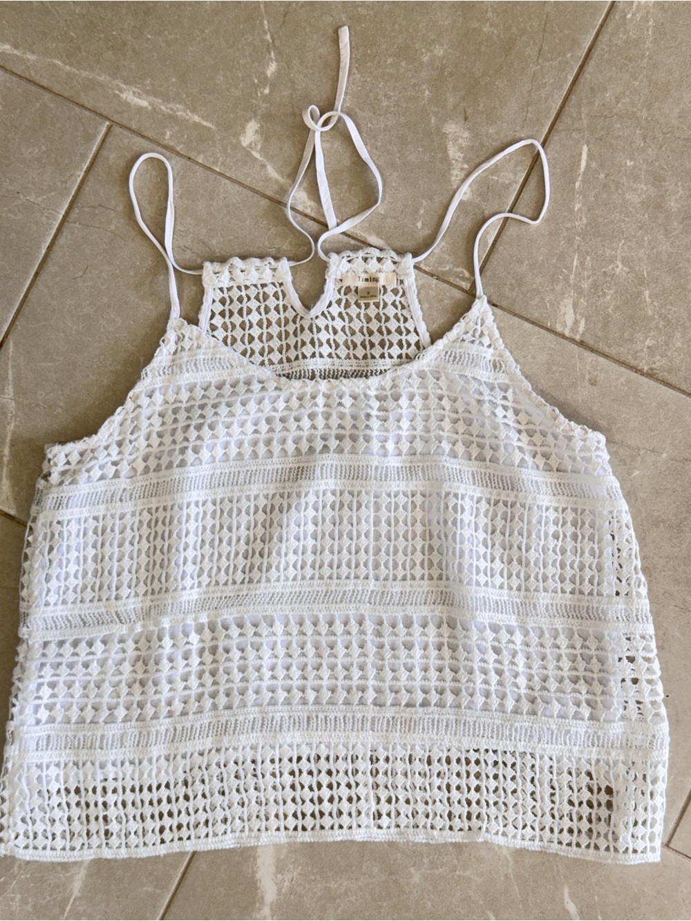 Timing White Crochet Lace Halter Top Womens Small Teen Cropped Boho Beach Y2K